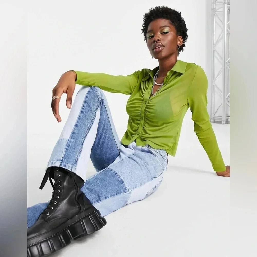 Topshop ruch front mesh shirt in green